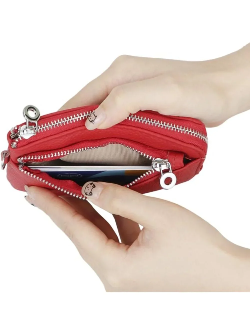 Genuine Leather RFID Coin Purse, Multi-Zipper Clutch Wallet with Keychain